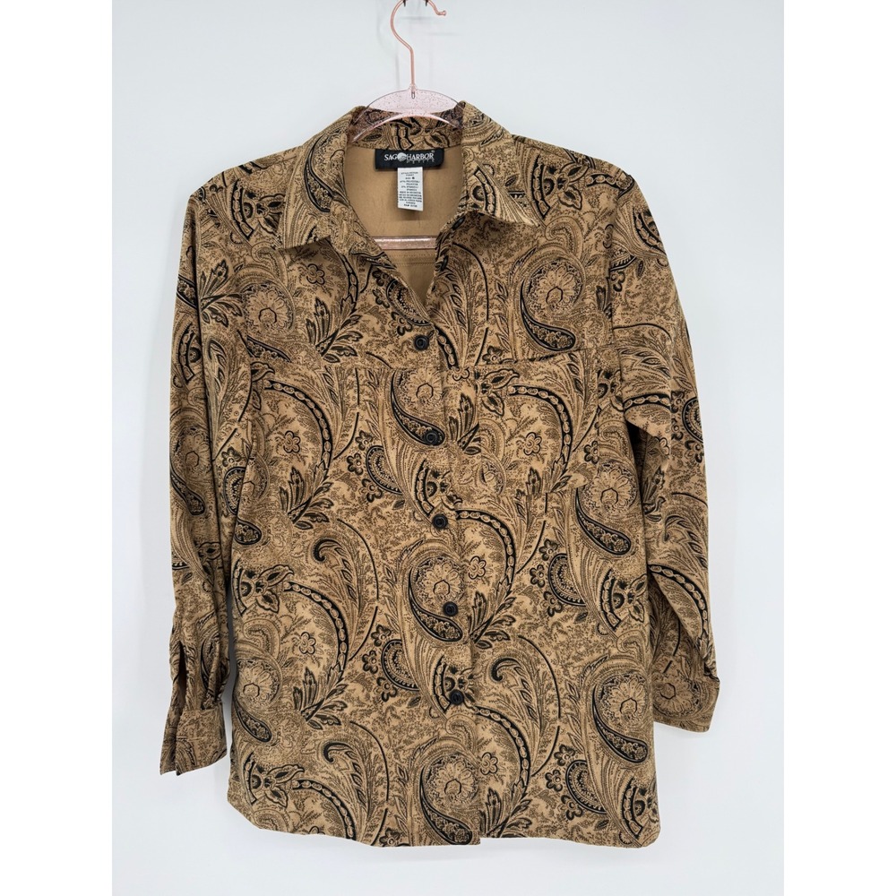 Sag Harbor Petite Womens Paisley Button Down Shirt Tan Brown Long Sleeve Sz‎ 6P